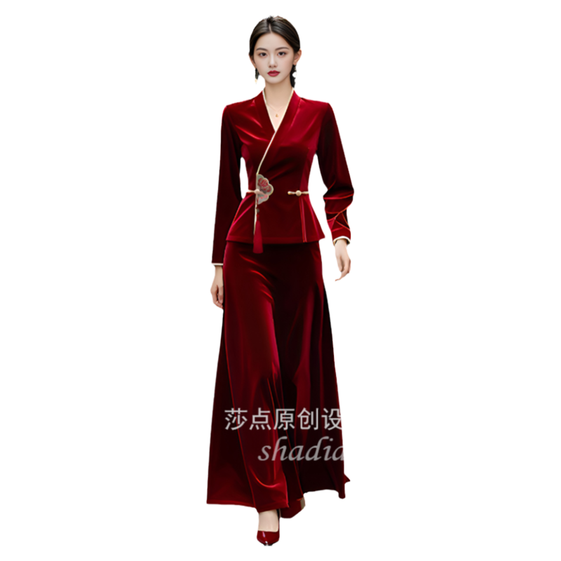 莎点酒红色金丝绒套装裙两件套