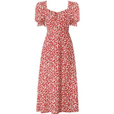 DPLAY帕拉新款红色复古法式碎花