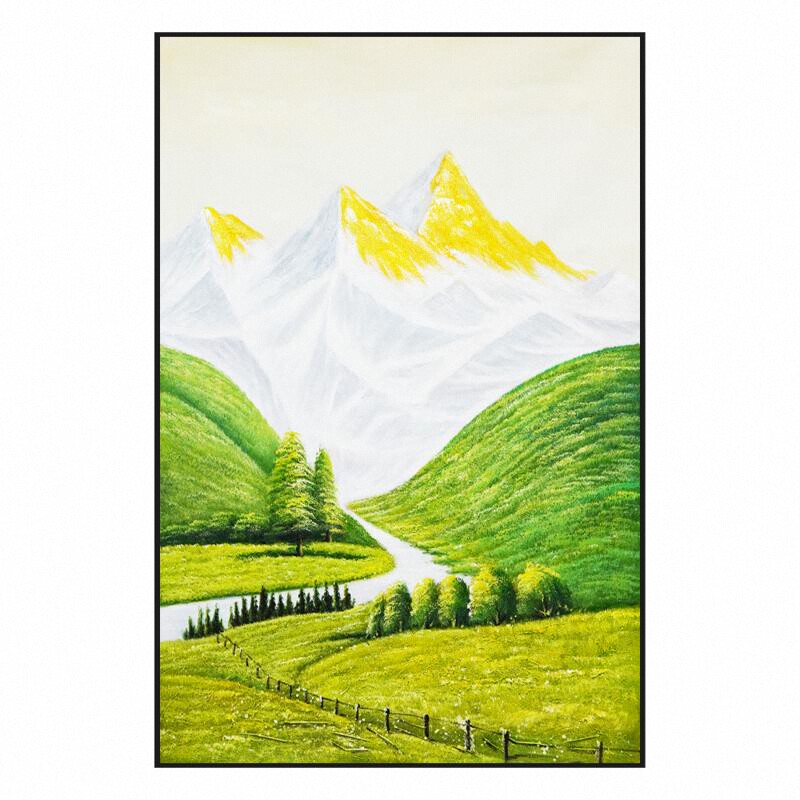 手绘油画竖款雪山绿色风景玄关餐厅客厅背景墙轻奢现代装饰画挂画