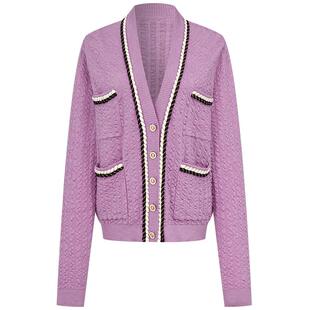 曼德诗法式小香风开衫2025秋冬新款撞色羊毛衫精纺短款薄针织上衣