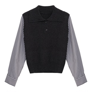 Lavinia条纹拼接羊毛针织衫女2025秋冬新款通勤高智感假两件上衣