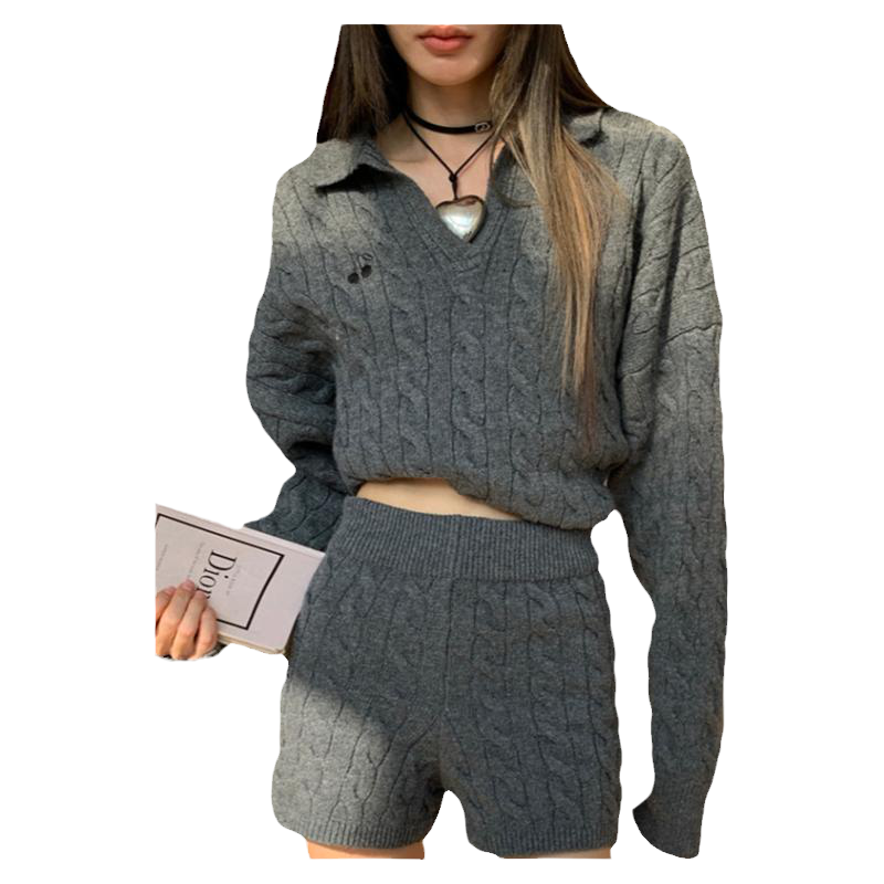 CLOUDSEASON樱桃麻花毛衣套装短裤两件套2025春秋新款小个子穿搭