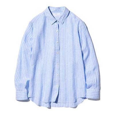 日潮跑腿UNIQLO优衣库25新款法国麻条纹衬衫衬衣空调衫薄衫475648
