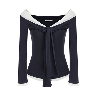 UNSPOKEN假两件一字肩针织衫女2026春季新款设计感撞色系带上衣