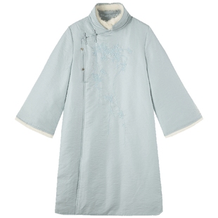 布景羽绒服女冬季复古中国风毛领刺绣中长款旗袍式拜年服外套3069