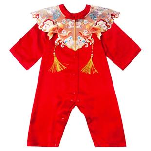 宝宝周岁桑蚕丝礼服女宝婴儿中式真丝连体衣男红色百天衣服百岁服