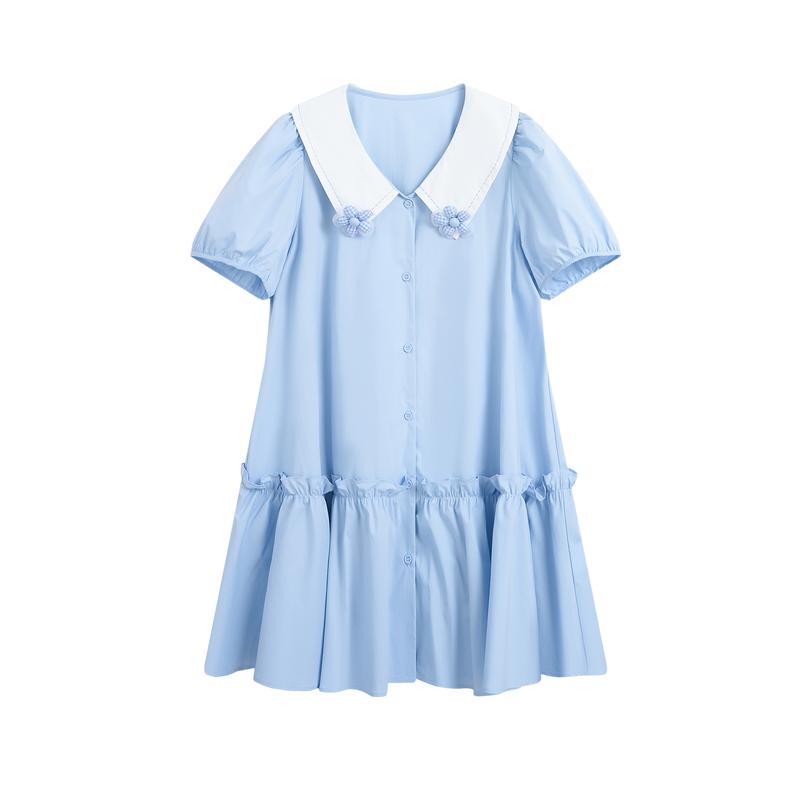 紫涵撞色翻领绣花连衣裙女2025年夏季新款甜美减龄宽松泡泡袖短裙