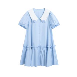 紫涵撞色翻领蓝色绣花连衣裙女士夏季新款甜美减龄宽松泡泡袖短裙