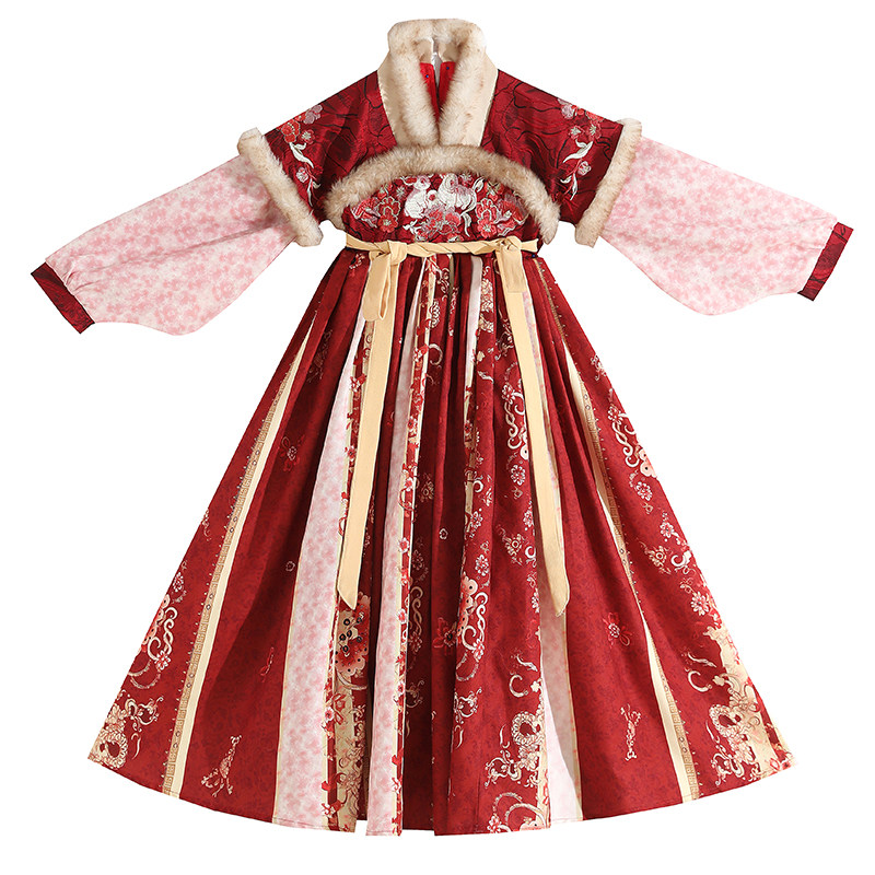 汉服女童红色加绒冬装古风唐装中大童过年拜年服中国风儿童裙子冬