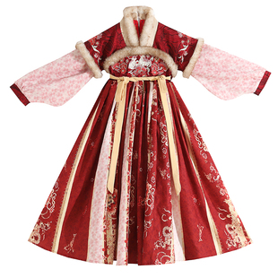 汉服女童红色加绒冬装古风唐装中大童过年拜年服中国风儿童裙子冬