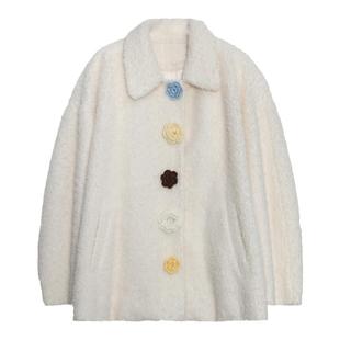 有耳uare原创设计 糯叽叽的花 手钩花朵翻领奶fufu圈圈毛毛外套