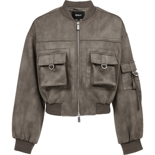 ONLY2025冬季新款工装风螺纹领口双向拉链设计短款开衫外套女