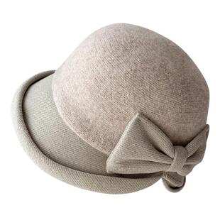 帽子女冬天保暖羊毛呢盆帽英伦复古拼接蝴蝶结卷边礼帽春秋渔夫帽