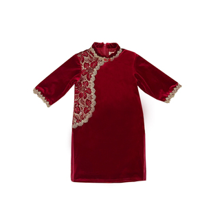 儿童旗袍秋季女童连衣裙红色改良唐装复古丝绒旗袍中国风演出礼服