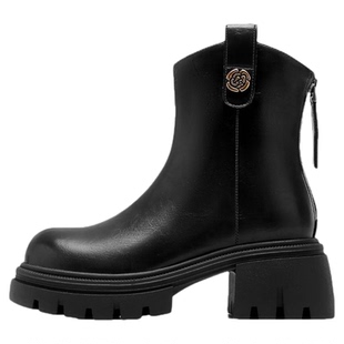 星期六黑色厚底马丁靴女2025新款秋季增高中筒靴子西部切尔西短靴