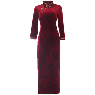红色提花金丝绒旗袍复古国风老上海2025新款秋季喜妈妈婚宴装礼服