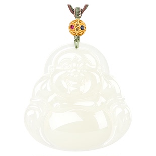 金玉良缘【荔枝肉】18K金冰晴和田玉奶油青佛公吊坠弥勒佛牌礼物