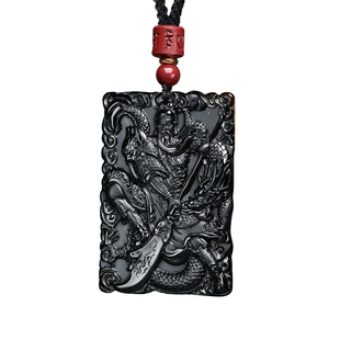 遇见普陀山天然黑曜石关公吊坠男士武财神关羽关二爷项链挂件礼物