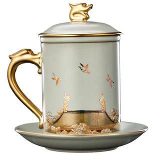 容山堂瑞鹤图汝窑泡茶杯陶瓷茶水分离杯绿茶杯高档办公杯礼盒装