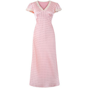 【包邮】法式复古V领蕾丝拼接泡泡袖粉底波点气质长裙收腰连衣裙