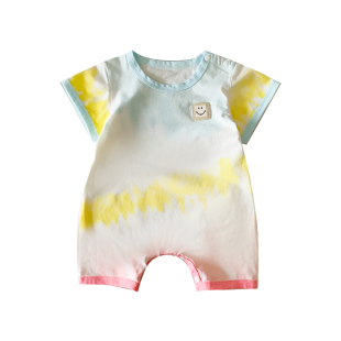 婴幼儿夏季薄款衣服多巴胺穿搭男宝宝短袖连体衣夏装小月龄爬爬服