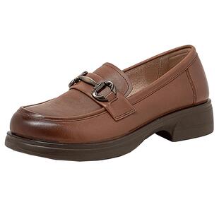 康莉真皮乐福鞋女春秋新款增高牛皮学院风棕色金属扣圆头JK小皮鞋