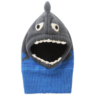 伊米伦儿童帽子围巾一体开脸护耳帽卡通鲨鱼宝宝针织保暖帽子加厚