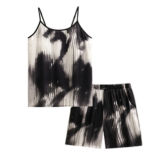 悦内带胸垫睡衣女款夏季冰丝绸性感吊带家居服夏款时尚水墨画套装