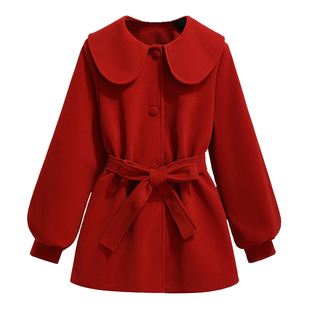 红色毛呢娃娃领夹棉收腰外套加厚女2025深冬新中长款过年战袍大衣