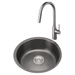 摩恩枪灰色水槽圆槽304不锈钢洗菜盆厨房台下盆纳米抗油污70033