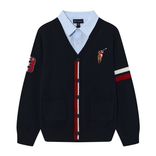 POLOWALK童装男童针织衫2025秋季新品假两件衬衫领韩系针织开衫