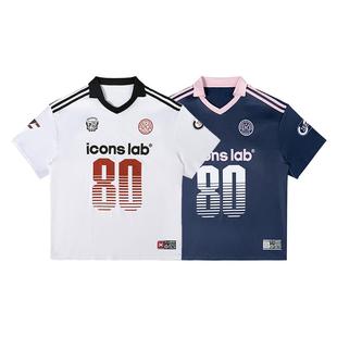 ics丨iconslab美式球衣T恤设计感字母数字撞色缎面polo领短袖上衣