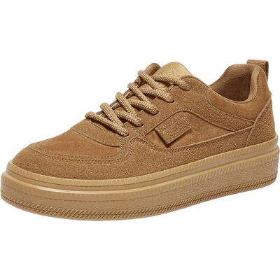 百思图春商场新款复古加绒驼色运动板鞋女平底休闲鞋V2409AM5