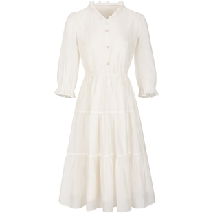 KBNE连衣裙女白色小个子长裙2024新款气质法式V领中袖莱赛尔裙子