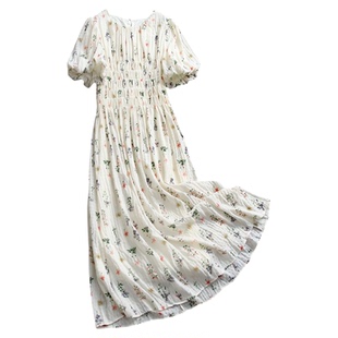 碎花缩褶松紧收腰显瘦修身圆领灯笼袖a字长裙短袖女裙连衣裙Z056