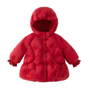 戴维贝拉女童国风羽绒服宝宝A类外套2026冬装儿童防水红色拜年服
