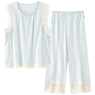 梦鸾纯棉无袖女款睡衣夏季蕾丝花边小飞袖上衣七分裤子家居服套装