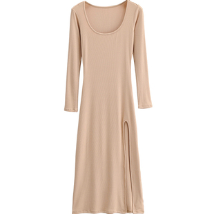 法式侧开叉连衣裙女春秋冬性感御姐长袖修身紧身打底包臀针织长裙