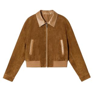 PSALTER诗篇拼接翻领绒面羊皮革复古休闲夹克短外套2025春款
