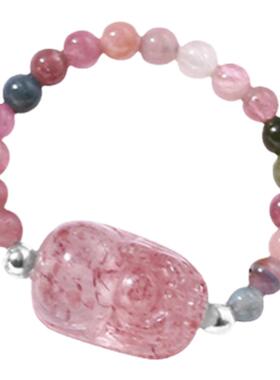 OkFineyard天然碧玺串珠戒指女草莓晶貔貅招财指环高级感水晶尾戒