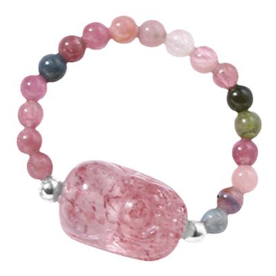 OkFineyard天然碧玺串珠戒指女草莓晶貔貅招财指环高级感水晶尾戒