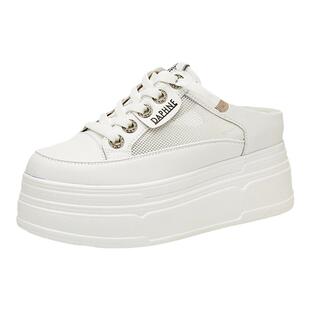 达芙妮真皮帆布拖鞋8cm增高2026新款春秋小个子厚底包头拖鞋女款