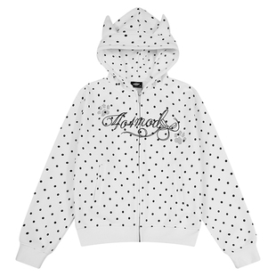 404MOB刺绣可爱耳朵复古波点连帽开衫卫衣女款短款秋冬加绒厚外套