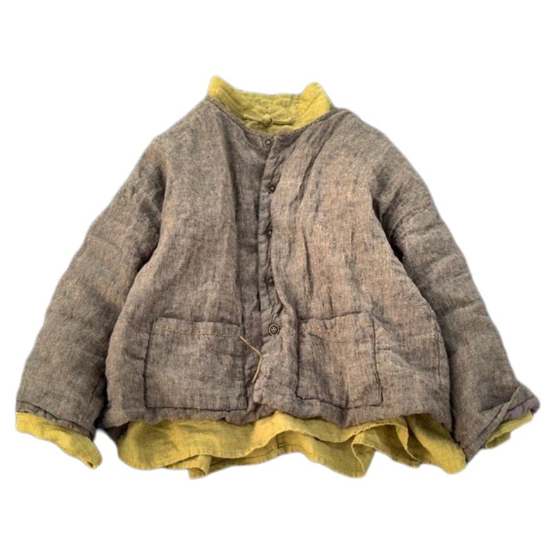 色织亚麻手工缝线棉衣开衫女棉服