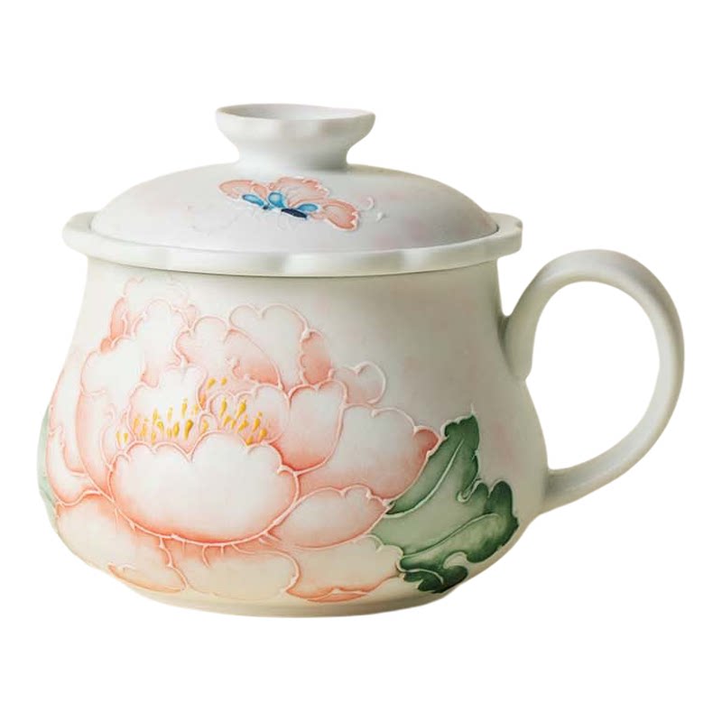 繁野浅粉牡丹手绘泡茶杯小清新茶水分离办公水杯女士泡花茶马克杯