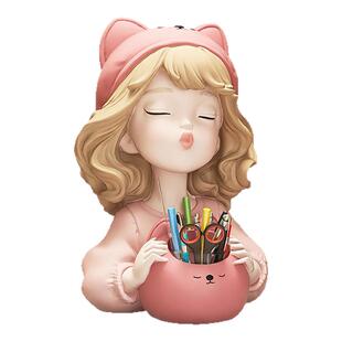 可爱女孩笔筒摆件创意办公室桌面化妆刷收纳儿童房间装饰男孩女孩