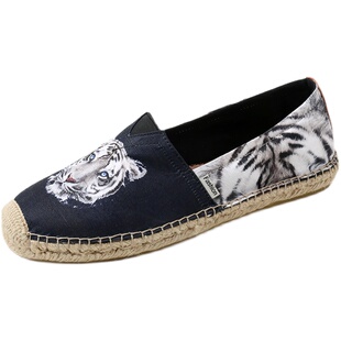 虎头帆布鞋男士潮流单鞋2025春秋新款一脚蹬休闲透气草编渔夫鞋男