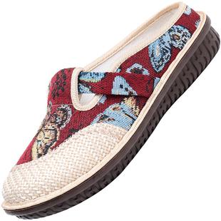 春夏季老北京布鞋女透气包头亚麻半拖鞋中老年人妈妈民族风凉拖鞋