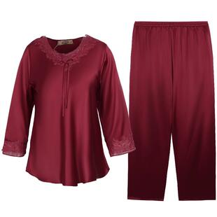 美标旗舰店睡衣夏季真丝女士九分袖套装桑蚕丝花边家居服红色送礼