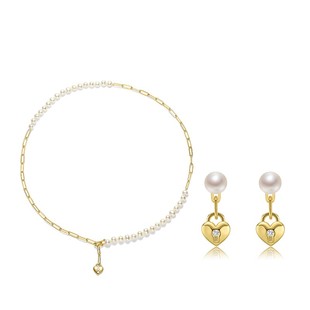 京润珍珠 新语心之锁S925银淡水珍珠项链耳钉珠宝套装送女友礼物D